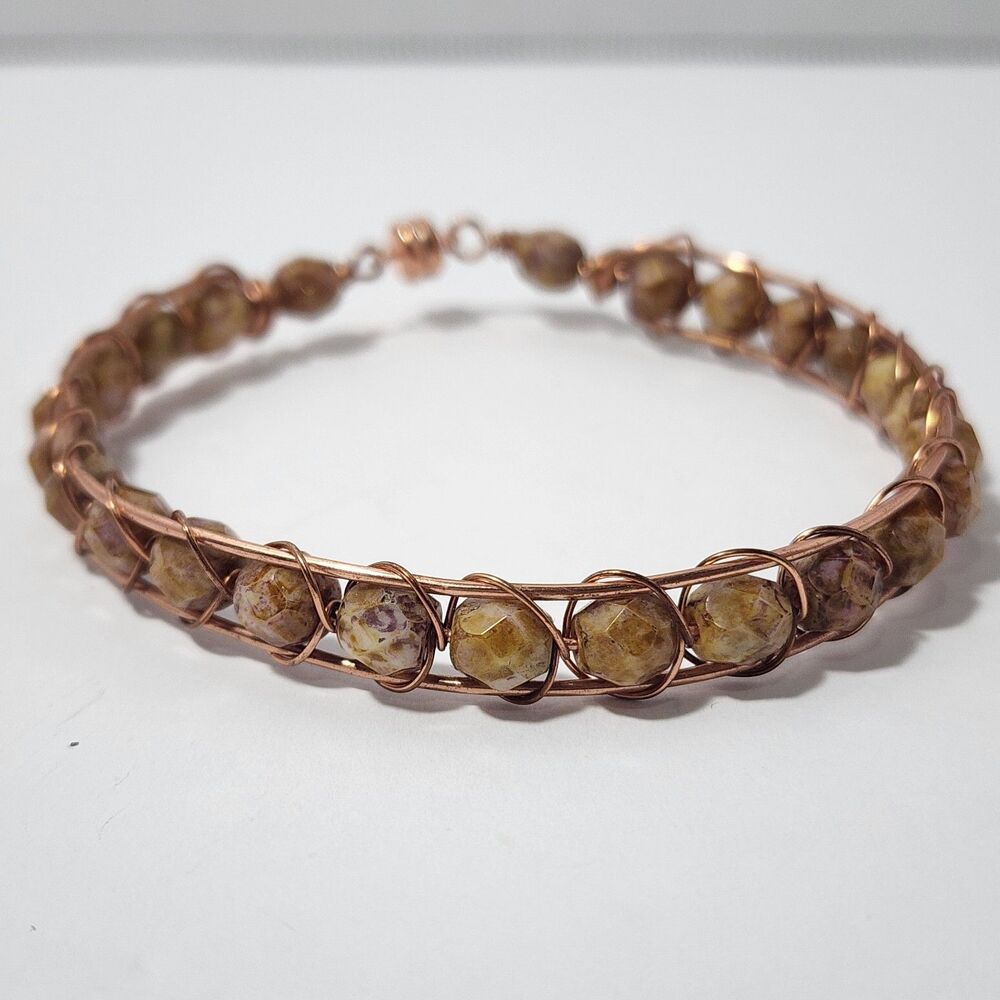 Handmade Copper Wire Bracelet w Stone Beads Resembling Yellow Jasper or Quartz